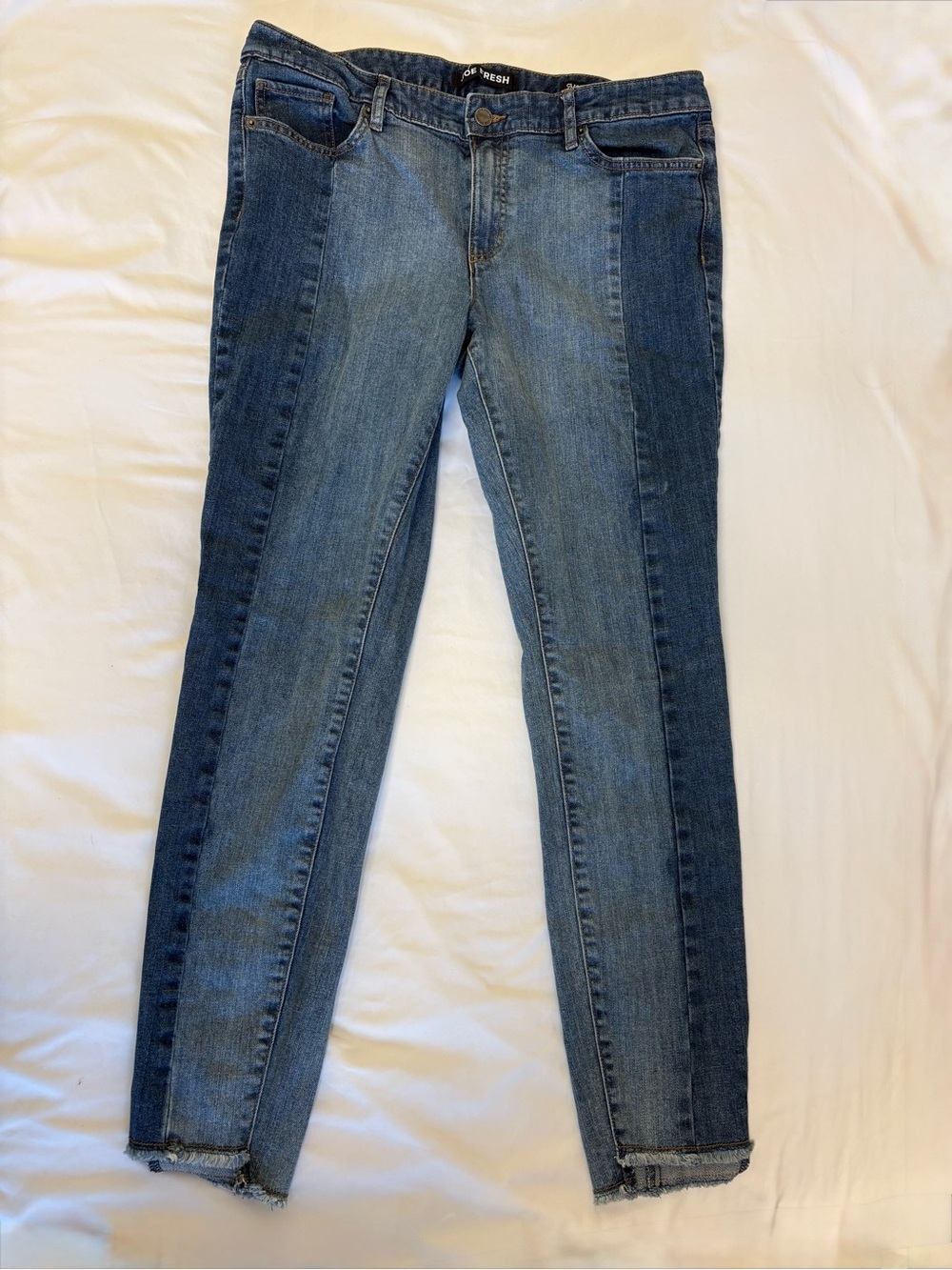 Two Tone Vertical Panelled Slim Fit Medium Wash Jeans Step Hem Raw Size 31